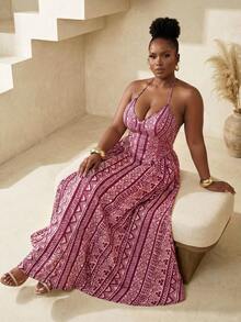 BamGlimmer Plus Size Halter Neck Maxi Dress, Vintage , Unique Design Print, Multi-Color Women's Dress, Fashionable Vacation Wear, Suitable For Travel, Holiday, Party, Gathering, Romantic And Vibrant - Multicolor - View 7