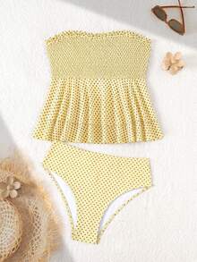 Swim Mod Conjunto de Tankini sin tirantes con fruncido delantero, estampado de lunares, doble capa de volantes, control de abdomen y efecto adelgazante para mujeres, adecuado para playa, arena, piscina y vacaciones - Multicolor - Ver 3