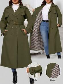 SHEIN Clasi 大尺碼女款素色百褶休閒百搭日常外套 - 軍綠色 - 查看 1