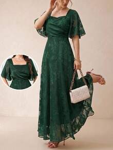 Amorya Women's Square Neck Green Elegant Long Dress With Short Sleeves, Summer Festival Outfits For Women Dress Green Dress - Green - View 4