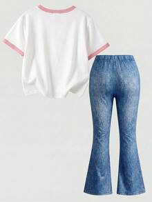 SHEIN 少女針織蝴蝶結圖案圓領T恤與修身喇叭褲2件組 - 粉色 - 查看 3