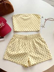 SHEIN EZwear 休閒簡約優雅通勤百搭保暖女裝通勤套裝海灘度假夏季兩件組奶油黃底黑波點抹胸上衣與短褲 - 彩色 - 查看 3