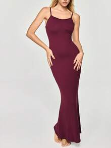 SHAPORA Solid Mermaid Hem Lounge Dress, Long Dress - Maroon - View 6