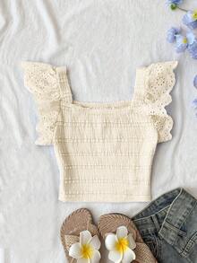 Camisetas de tirantes y camisolas para niñas preadolescentes, 3 artículos aleatorios, se envía 1 artículo, unicolor, punto con textura, encaje, ajustado, casual, minimalista, cómodo, cuello cuadrado, manga corta con volantes, tela con textura, top corto, camiseta de tirantes para niñas - Albaricoque - View 2