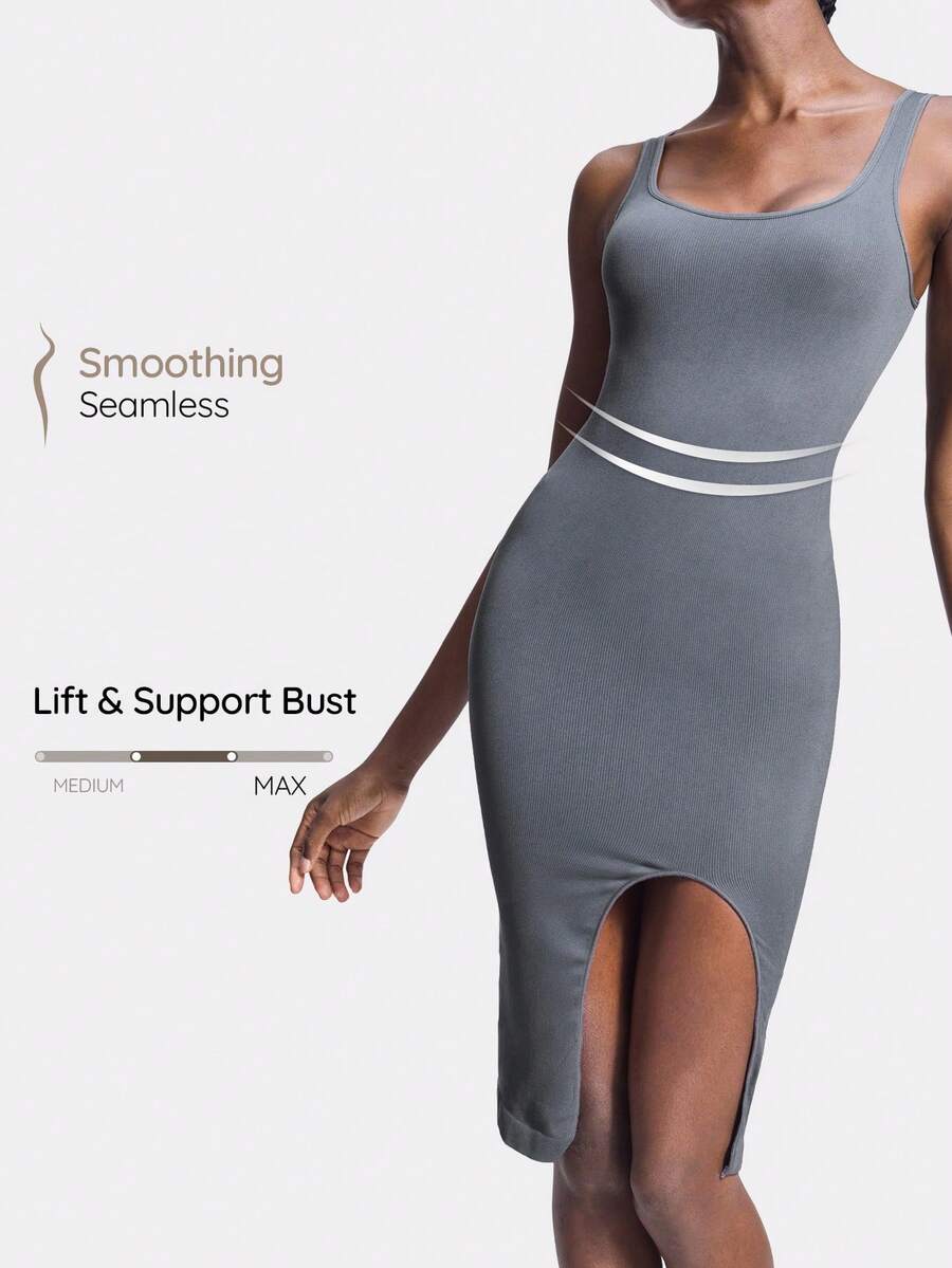 SHAPORA Women's Solid Color Sleeveless Slit Seamless Bodycon Dress - Dark Grey - View 1