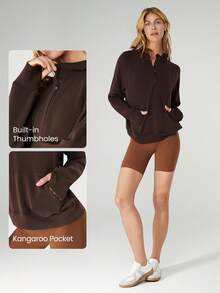 GLOWMODE Sudadera de manga larga con media cremallera y tacto de seda modal, talla grande, para primavera y verano - Marrón Chocolate - Ver 5