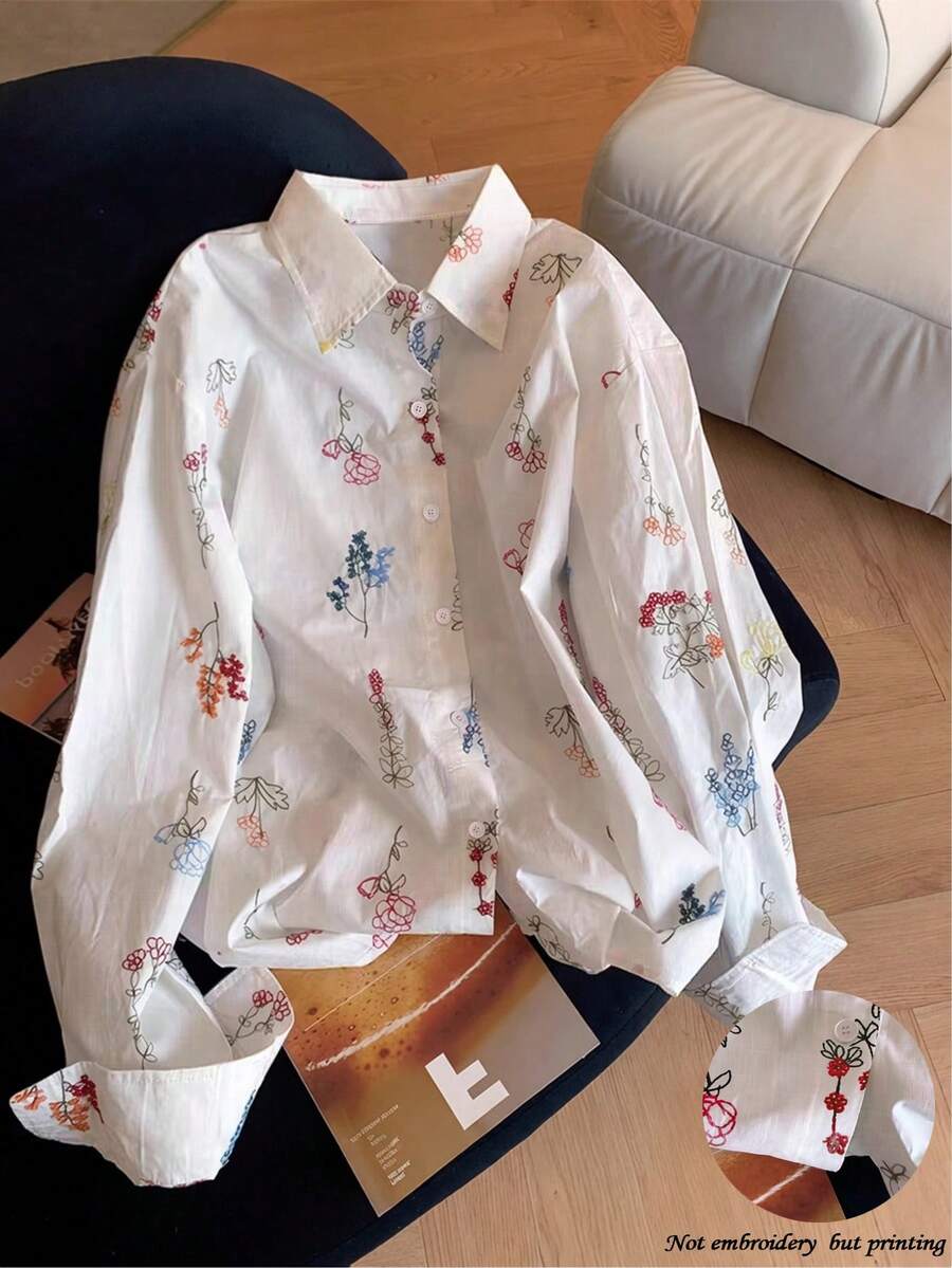 Franclia 女士时尚休闲简约浪漫度假刺绣花卉长袖纽扣衬衫 - 白色 - 查看 1