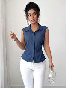 Elenzga 1pc Plus Size Women's Summer Lapel Sleeveless Fitted Asymmetrical Hem Casual Blouse - Navy Blue - View 4