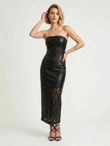 CAJUNI PU Strapless Dress With Tropical Laser-Cut Detailing - Black - View 4