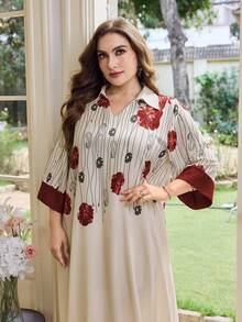 Al Najma Plus Size Women's V-Neck, 3/4 Sleeve, Stand Collar, Sleeve, Front Print, Bubble Texture Fashionable Full Skirt Floral Dress, Printed Arabic Dress - Red - View 3