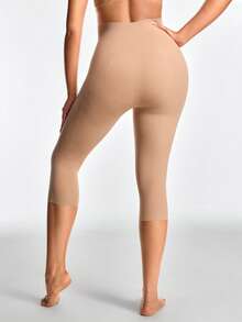 SHAPORA Women High Waist Solid Color Tight Mesh Patchwork Slimming Capri Leggings - Coffee Brown - View 2