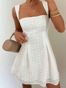 RiviMae Solid Color Sleeveless Square Neck Pleated Waist White Dress Vacation Summer Elegant - White - View 4