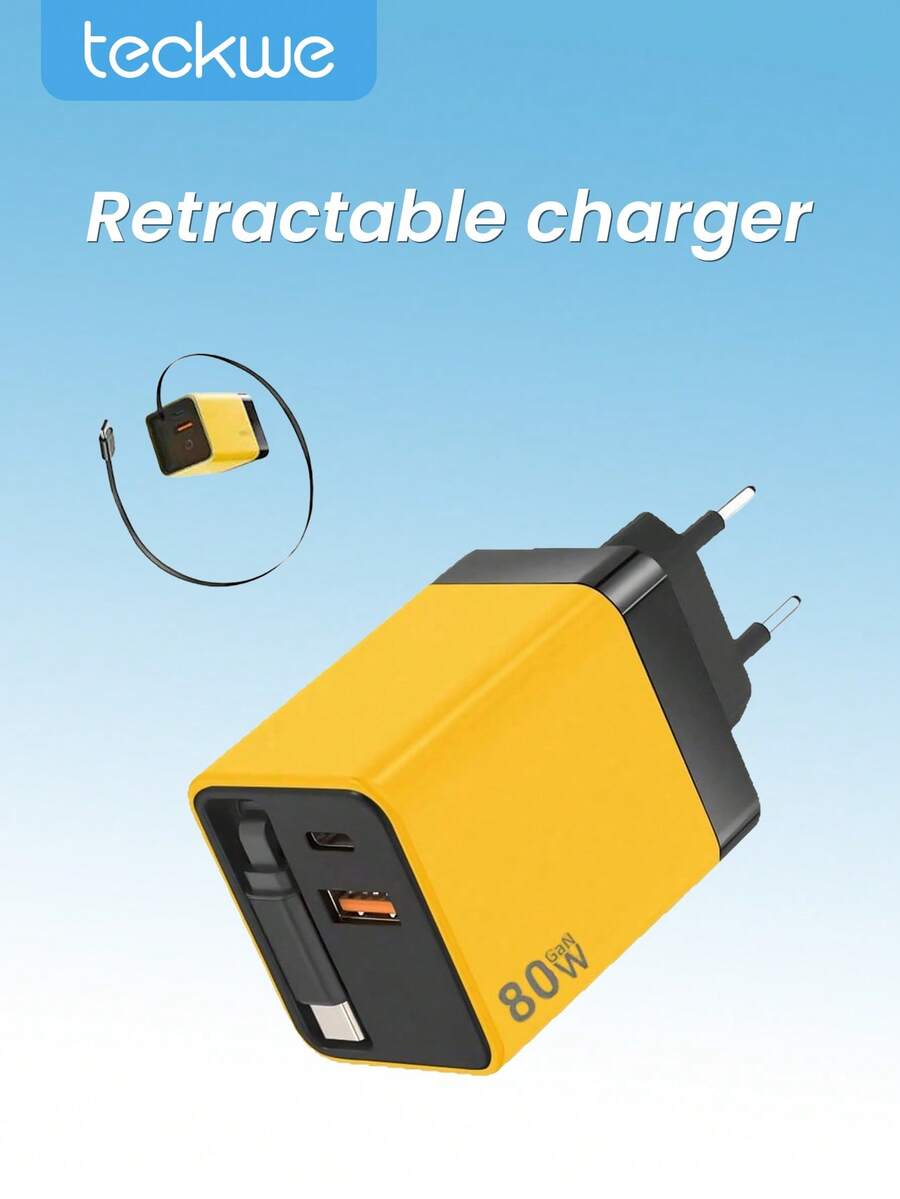 Teckwe HX6A PD80W Retractable Type-C Fast Charger With USB Port, Supports Fast Charging For 3 Devices, Foldable - EU C Type Plug(220-240V) - View 1