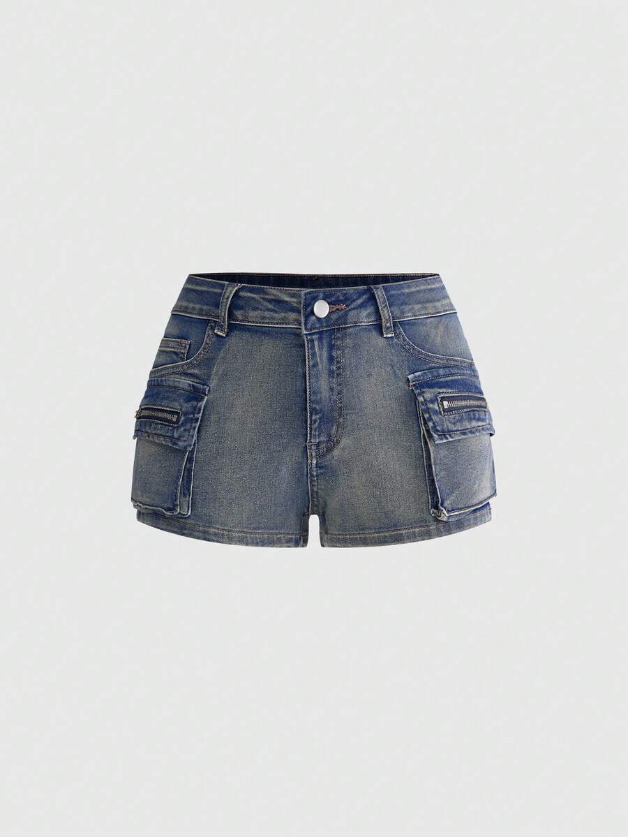 ROMWE Grunge Punk Summer Outfits For Women Wasteland Punk Street Style Distressed Washed Low Waist Mini Denim Shorts - Baby Blue - View 1