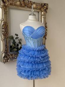 Lovelzi Elegant Princess Blue Satin Sweetheart Strapless Lace Applique Embroidered Corset Boned Tiered Ruffle Tulle Mini A-Line Dress Prom Homecoming Party - Baby Blue - View 4