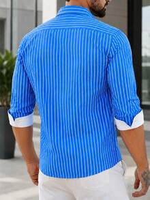 Manfinity Mode Men's Business Casual Digital Print Striped Contrast Front Panel Long Sleeve Shirt, Ceremony - Blue - View 2