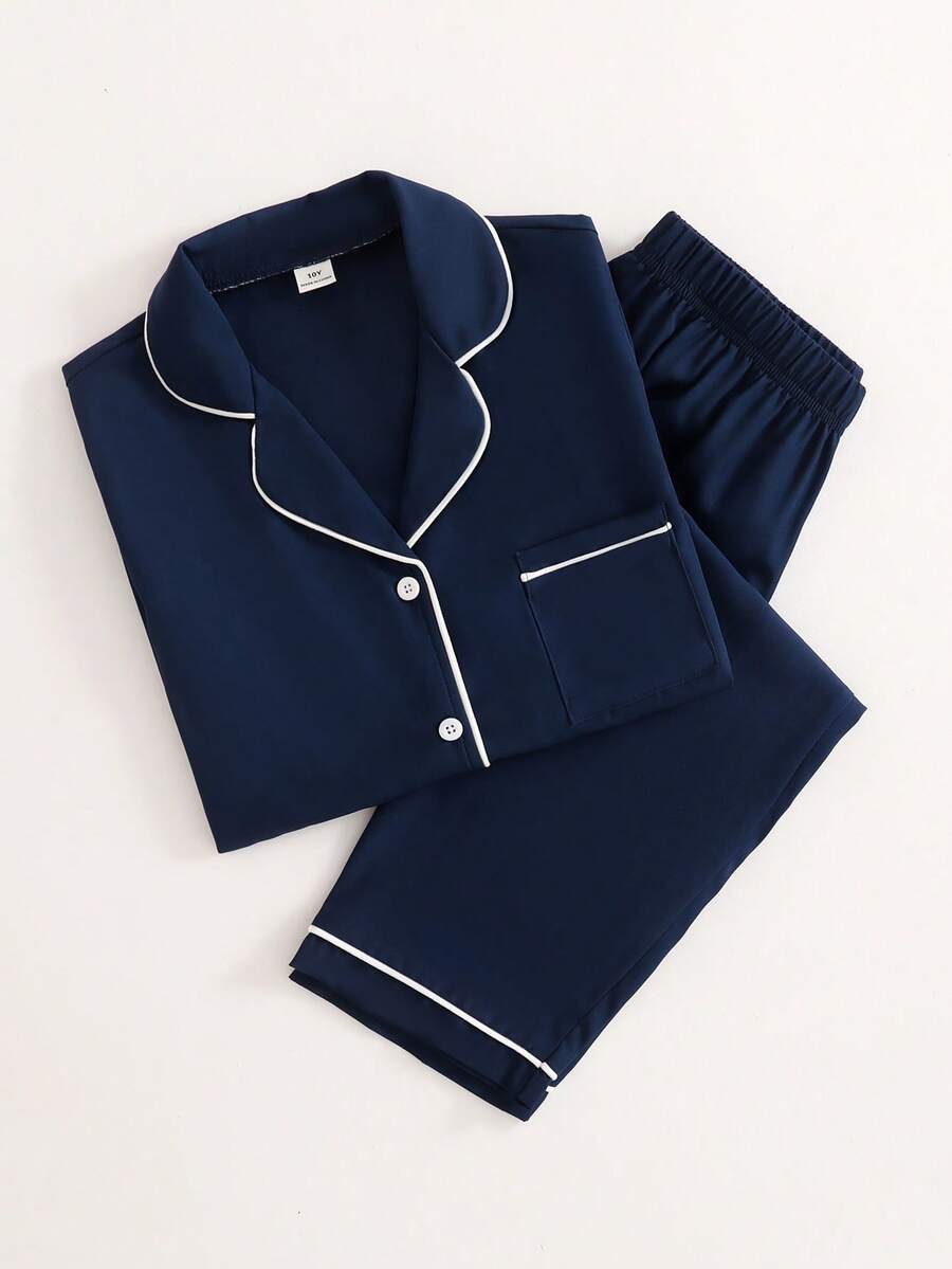 Boys' Woven Lapel Open Front Short Sleeve Top And Casual Long Pants 2 Pieces Loungewear Set - Navy Blue - View 1