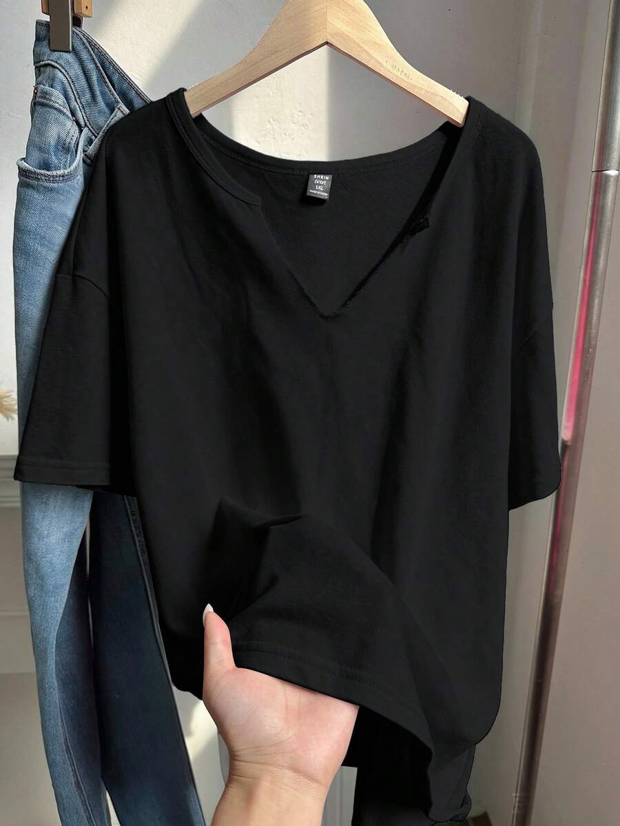 Comfortcana Plus Size Spring/Summer Snowflake Acetate Distressed Black Loose Short Sleeve Small V-Neck T-Shirt Cotton Fabric Wedding Western