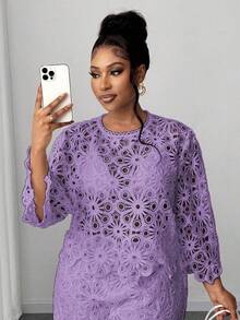 Maweii Plus Size Solid Color Hollow Out Round Neck Elegant Long Sleeve Blouse - Mauve Purple - View 6