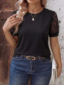 EMERY ROSE Women's Spring/Summer New Hot-Selling Lace Patchwork Design Casual Versatile Plus Size T-Shirt - Black - View 3