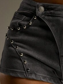 MUSERA Mid Rise Studded Denim Shorts Western Country Streetwear Festival Elegant Y2k Sexy Cute 90's Boho Midwest Chic Spring Summer - Grey - View 6