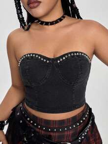 ROMWE Dark Punk Rivet Decor Sexy Cropped Denim Top, Versatile Black Plus Size Date Night Summer - Black - View 5