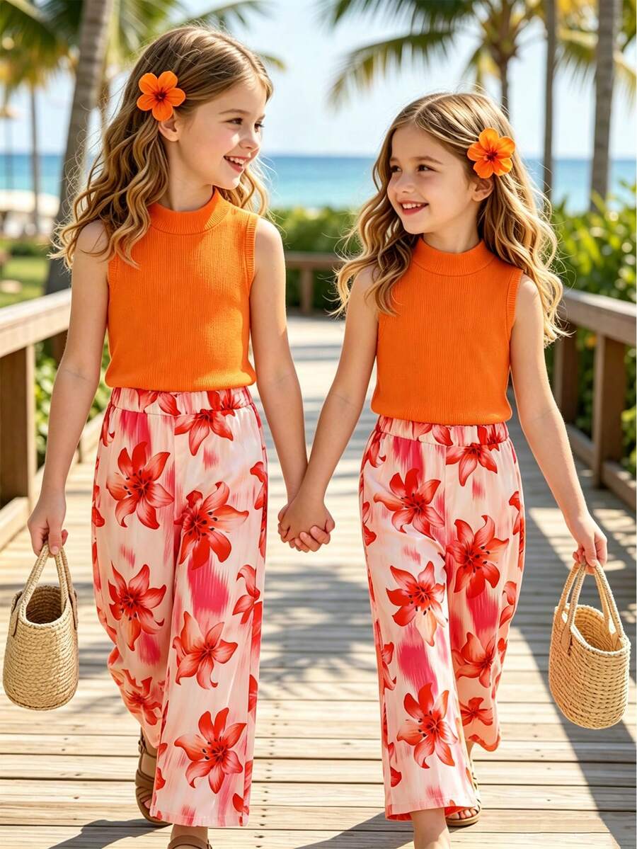 SHEIN 4-7歲女童夏季休閒兩件套,女童假領羅紋針織背心上衣 & 熱帶花卉印花寬腿長褲,時尚波希米亞海灘度假風套裝 - 橘色 - 查看 1