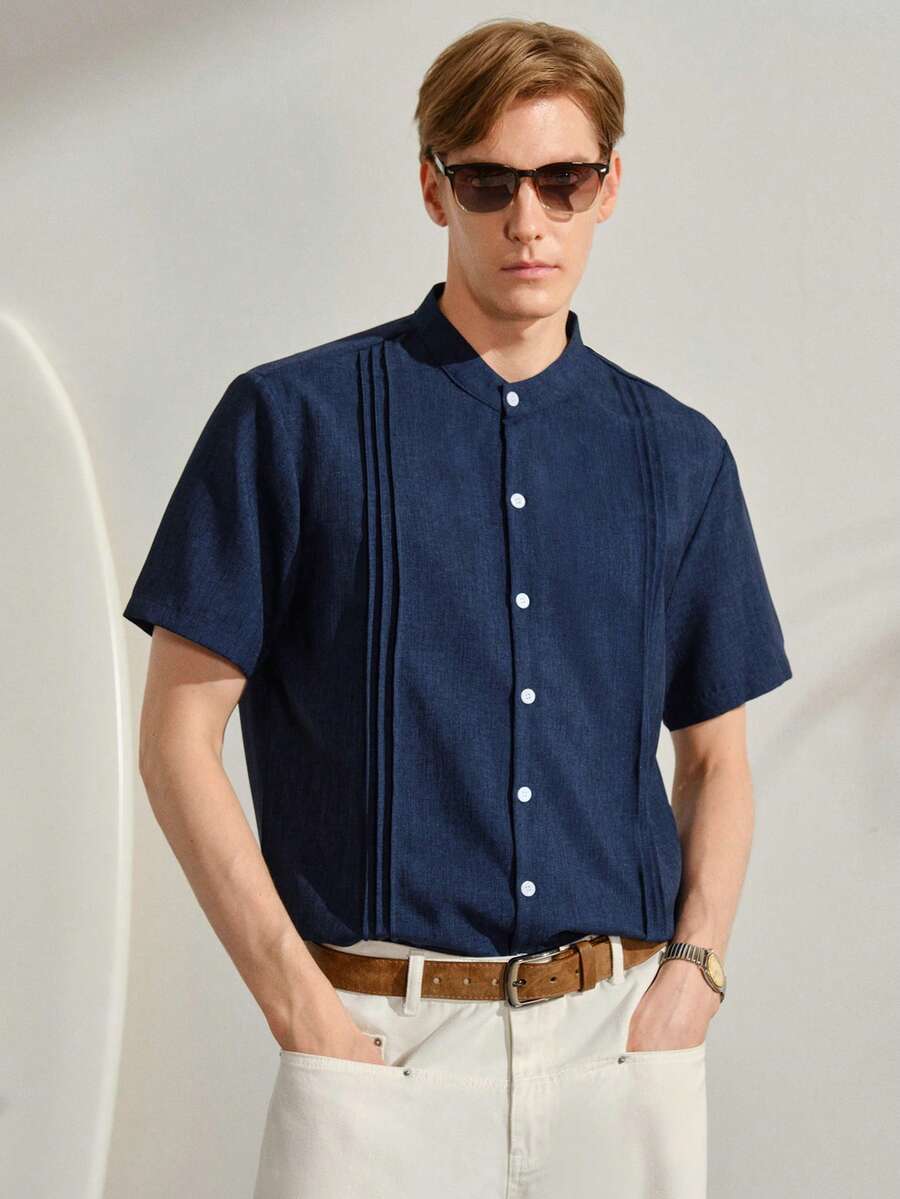 VeloEdit Blue Men's Solid Color Front Button Collar Casual Short Sleeve Shirt Men Linen Summer Old Money, Daily Leisure, Weekend Trips, Outdoor Activities - Royal Blue - View 1