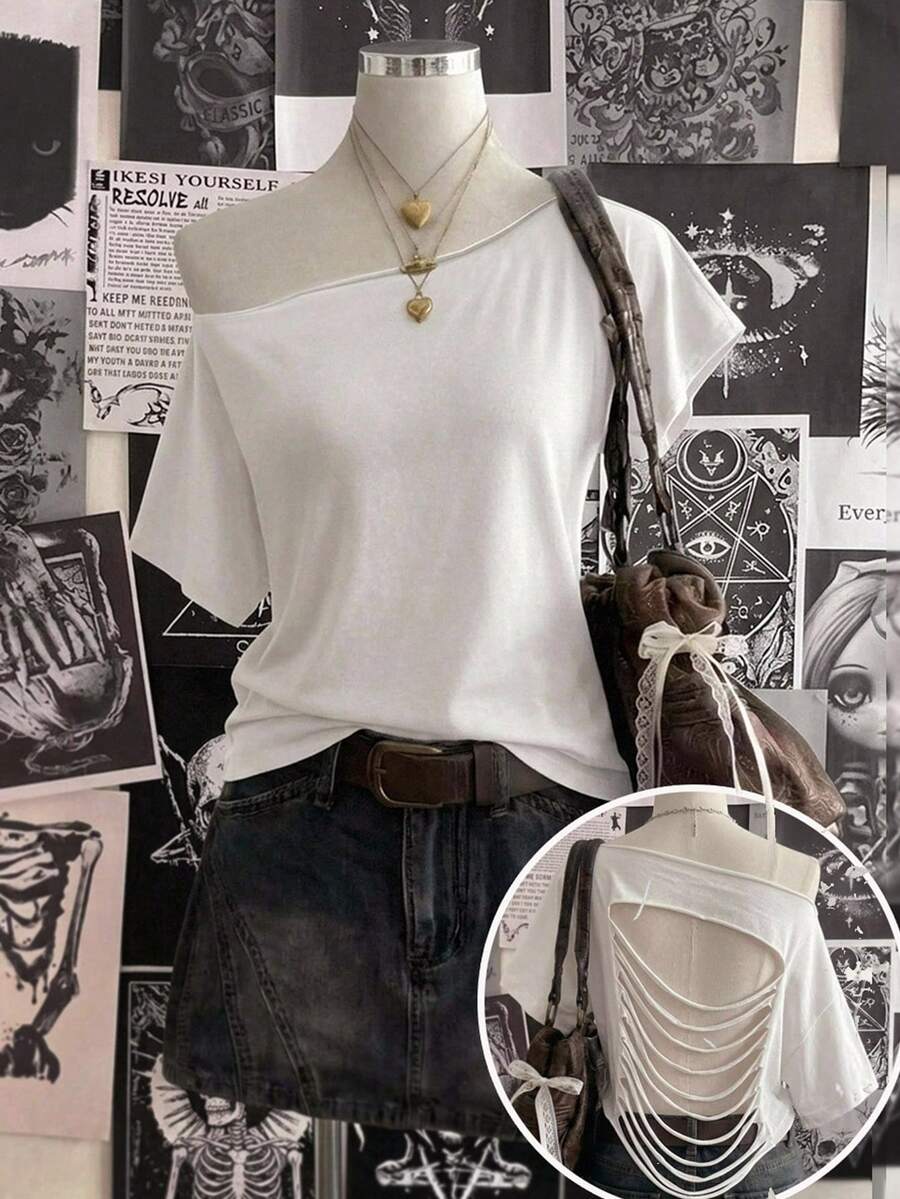 Attitoon Women's Solid Color Asymmetrical Shoulder Casual Versatile Daily Outing T-Shirt - White - View 1