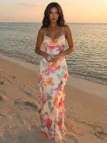 Aloruh Multi-Color Floral Print Romantic Date Vacation Spaghetti Strap Fitted Ruffle Long Women's Dress - Multicolor - View 1