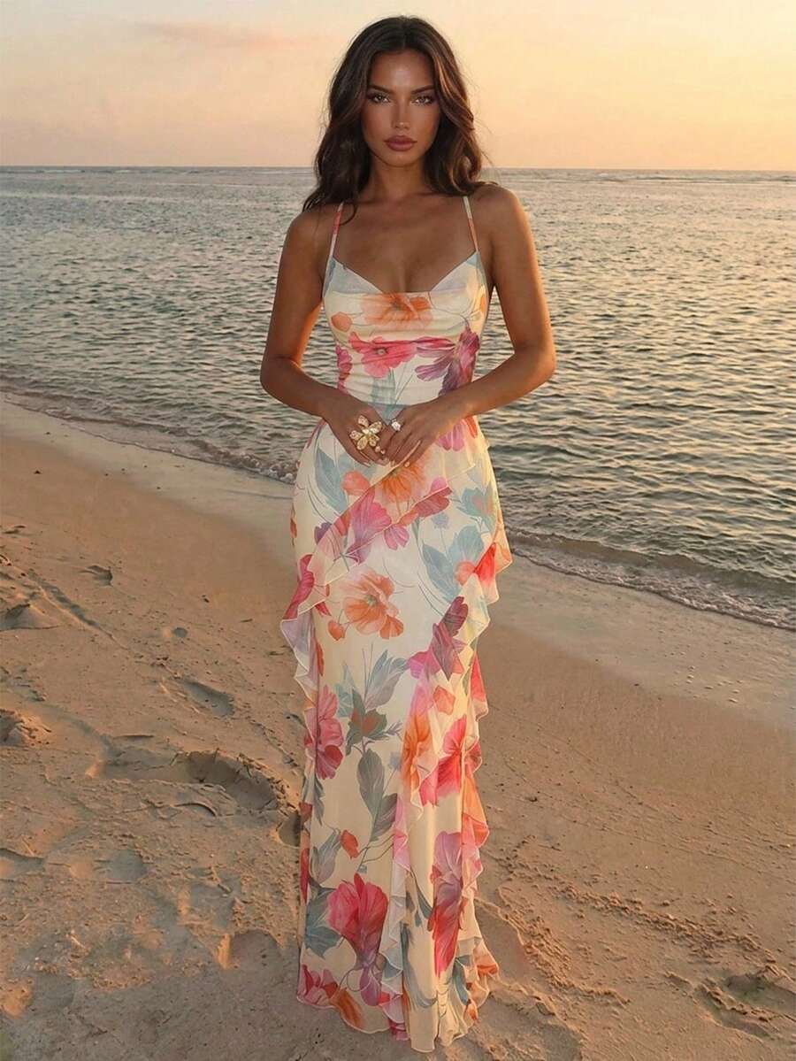 Aloruh Multi-Color Floral Print Romantic Date Vacation Spaghetti Strap Fitted Ruffle Long Women's Dress - Multicolor - View 1