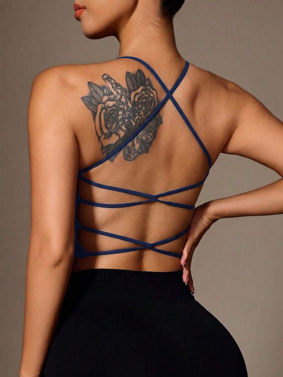 Slayform Women's Solid Color Back Lace-Up Design Seamless Sports Bra - Navy Blue - View 1