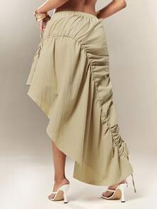 Denimoi Asymmetrical Hem Adjustable Drawstring Skirt Fashionable Streetwear - Khaki - View 4