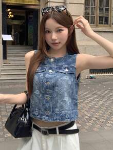 DAZY 女款時尚佩斯利印花牛仔背心，適合春夏，短版上衣，白色基本款性感校園風 - 藍色 - 查看 7