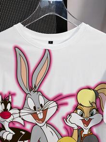 LOONEY TUNES X SHEIN Women's Fashion Cute Striped Contrast Color Short Sleeve T-Shirt - White - View 5