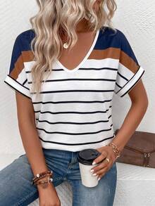 SHEIN Women V-Neck Striped Tee Color Block Loose Short Sleeve Casual Tunic Tops For Daily Wear - Multicolor - View 5