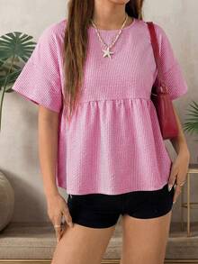 SHEIN EZwear 大尺碼女款圓領條紋百褶休閒百搭日常出遊襯衫 - 粉色 - 查看 3