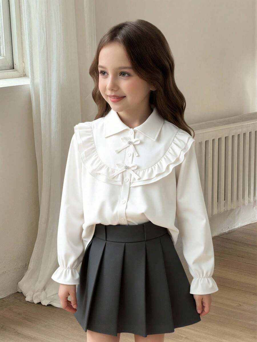 Girls (Big) French Sweet Bow Blouse, Suitable For Outings, Vacation, School - White - View 1