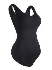 SHAPORA Plus Size Women Solid Color Simple Tank Body Shaper Bodysuit - Black - View 3