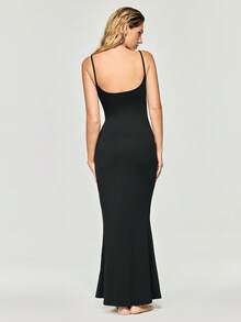 SHAPORA Vestido Longo Casual para Casa de Cor Sólida com Alças - Preto - Visão 3