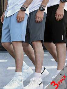 3件組青少年男款休閒拼色反光條短褲套裝，黑/灰/藍，適用於運動、居家、學校、校園、大學 - 彩色 - 查看 7