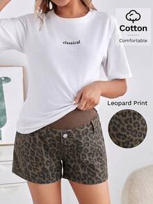 SHEIN Maternity Leopard Print Patchwork Denim Shorts Summer Festival Graduation Going Out Elegant Casual Formal Leopard - Brown - View 1