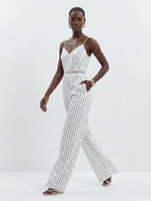 Livesso Combinaison blanche pour femmes, débardeur, style décontracté d'été, rayures, mariage, vacances, tropical, business décontracté - Beige - Voir 8