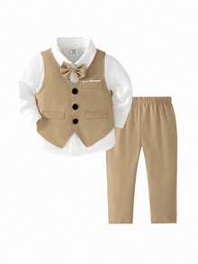 2pcs Khaki Vest Set For Baby Boys,White Summer Elegant Wedding Outfit,V-Neck Vest & Elastic Waist Pants For 1st Birthday Party,Formal Occasions - Multicolor - View 3