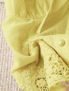 SHEIN PariChic Women's Sweet & Elegant Ruffled Tie-Up Contrast Lace Off Shoulder Cropped Blouse, Versatile Wear For Spring/Summer - Yellow - View 3