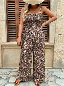 SHEIN Clasi Women's Plus Size Spaghetti Strap Backless Pattern Print Jumpsuit - Multicolor - View 5