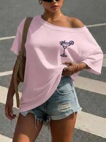 Muchica Camiseta de mujer estilo casual minimalista de vacaciones, rosa, con estampado gráfico de letras retro, hombros descubiertos, hombros caídos, manga corta, ajuste holgado, adecuada para primavera y verano, estilo versátil - Multicolor - Ver 7