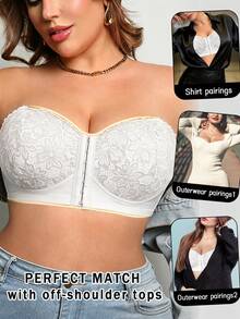 DesireSculpt Plus Size Black Non-Wired Sexy Lace Front Closure Push-Up Bra, 1pc - White - View 5