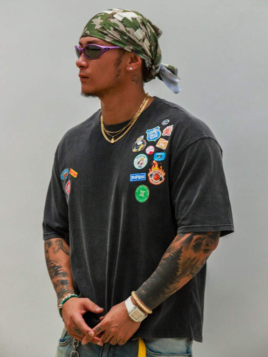 DAZY 短袖黑色水洗破舊圖案印花短版街頭風男士T恤 - 黑色 - 查看 1