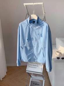 SHEIN EZwear 藍色大尺碼女款休閒長袖拉鍊連帽外套 秋季 - 藍色 - 查看 3